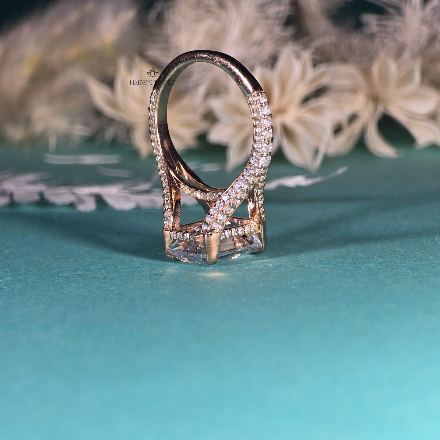 4.00 CT Emerald Cut Colorless Moissanite Stone Engagement Ring, Split Shank With 3/4 Eternity Hidden Halo Ring, 14K Yellow Gold Ring