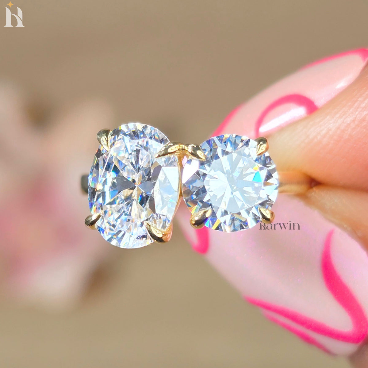 Oval & Round  Moissanite Toi Et Moi Two Stone prong set Engagement Unique Bridal Gift