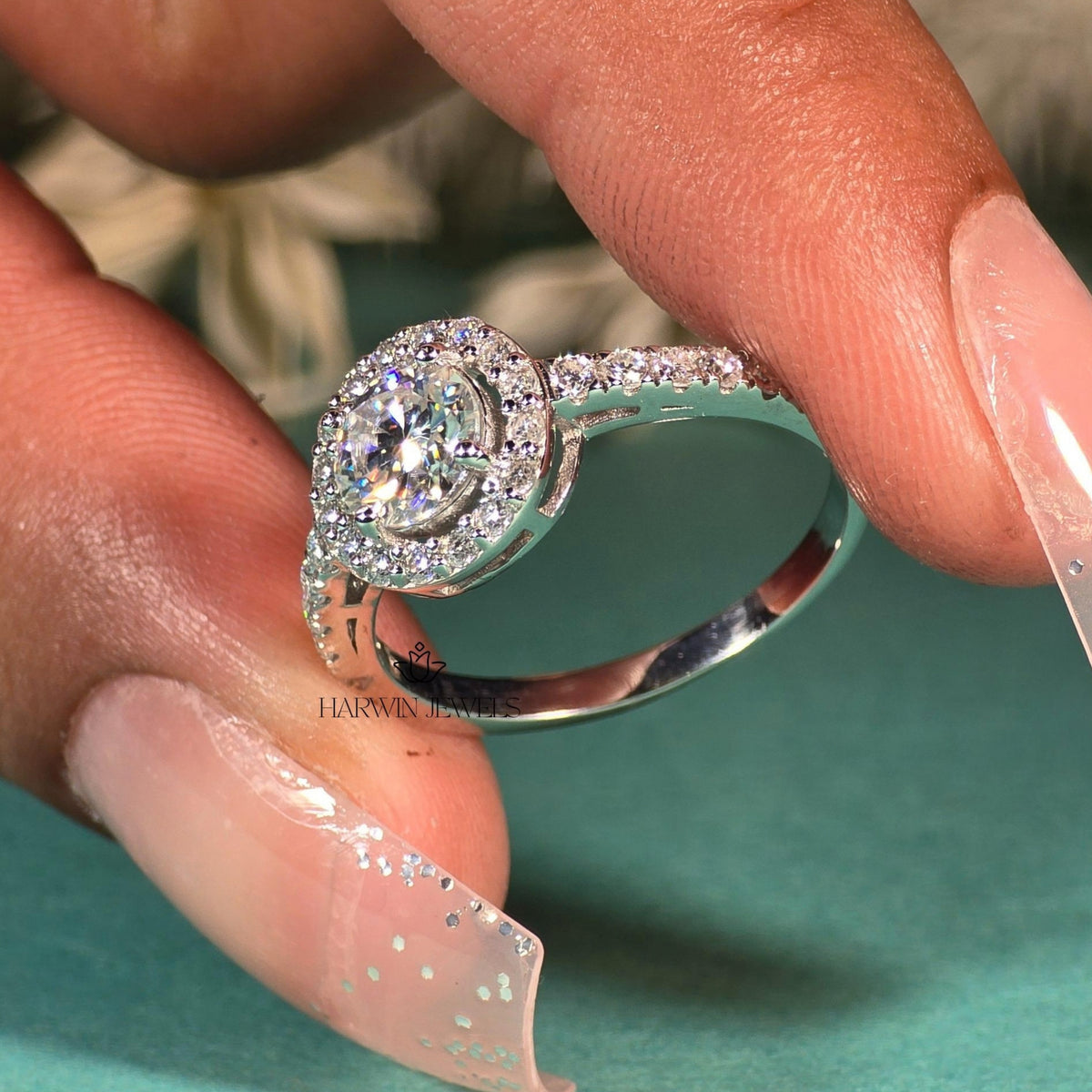 1 CT Round Moissanite Engagement Ring, Halo Setting And Pave Set Eternity Band