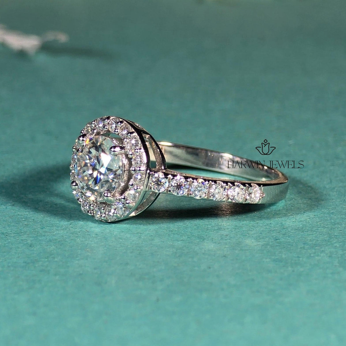 1 CT Round Moissanite Engagement Ring, Halo Setting And Pave Set Eternity Band