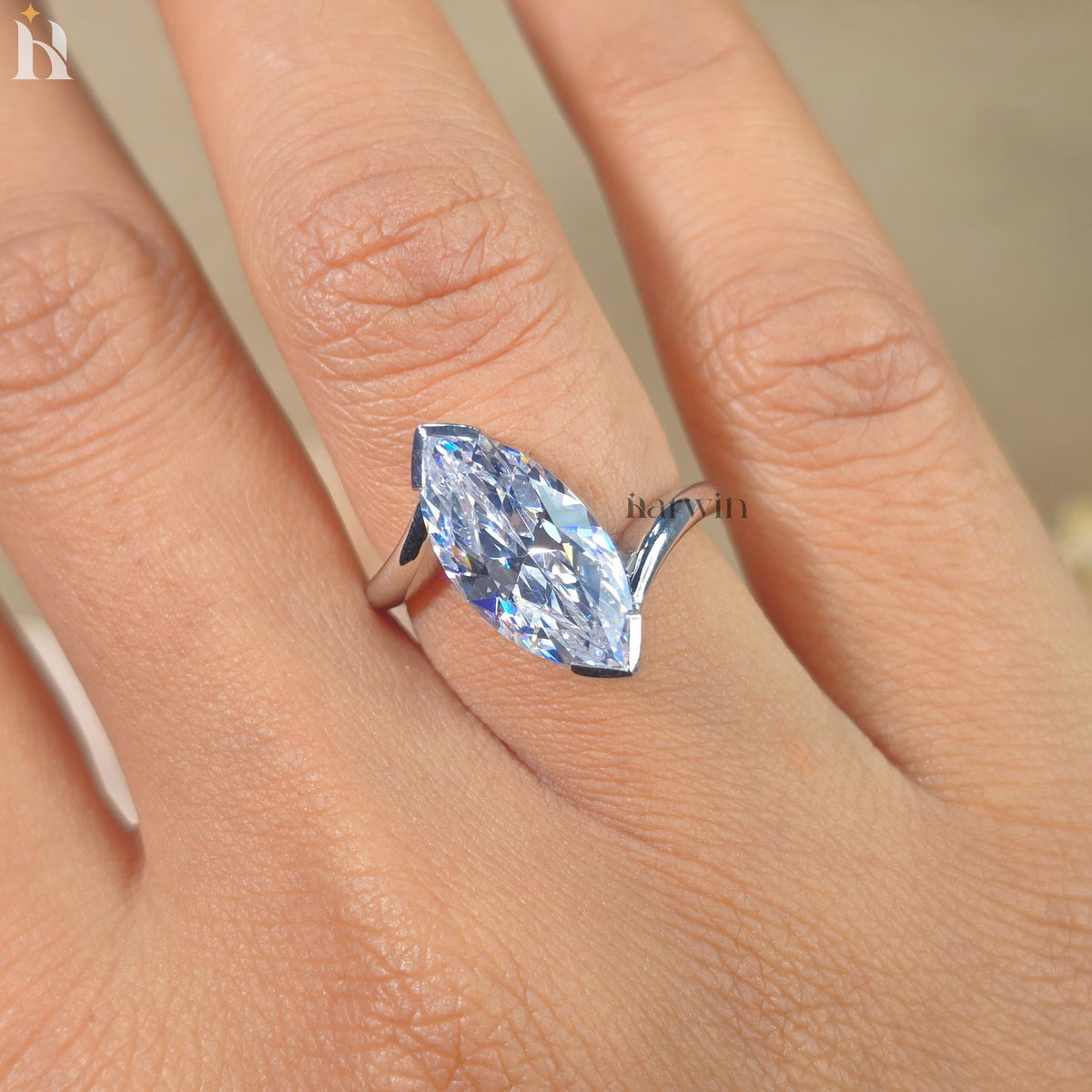 4CT Marquise Cut Moissanite Half Bezel Set Engagement Ring, Bypass Wedding Ring