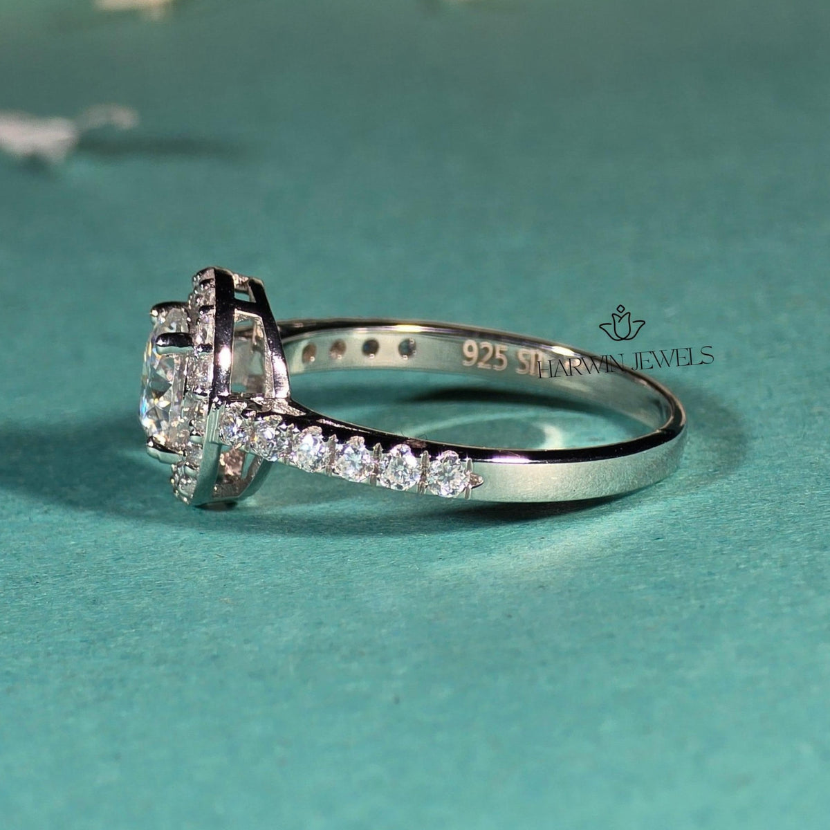 1 CT Round Moissanite Engagement Ring, Halo Setting And Pave Set Eternity Band
