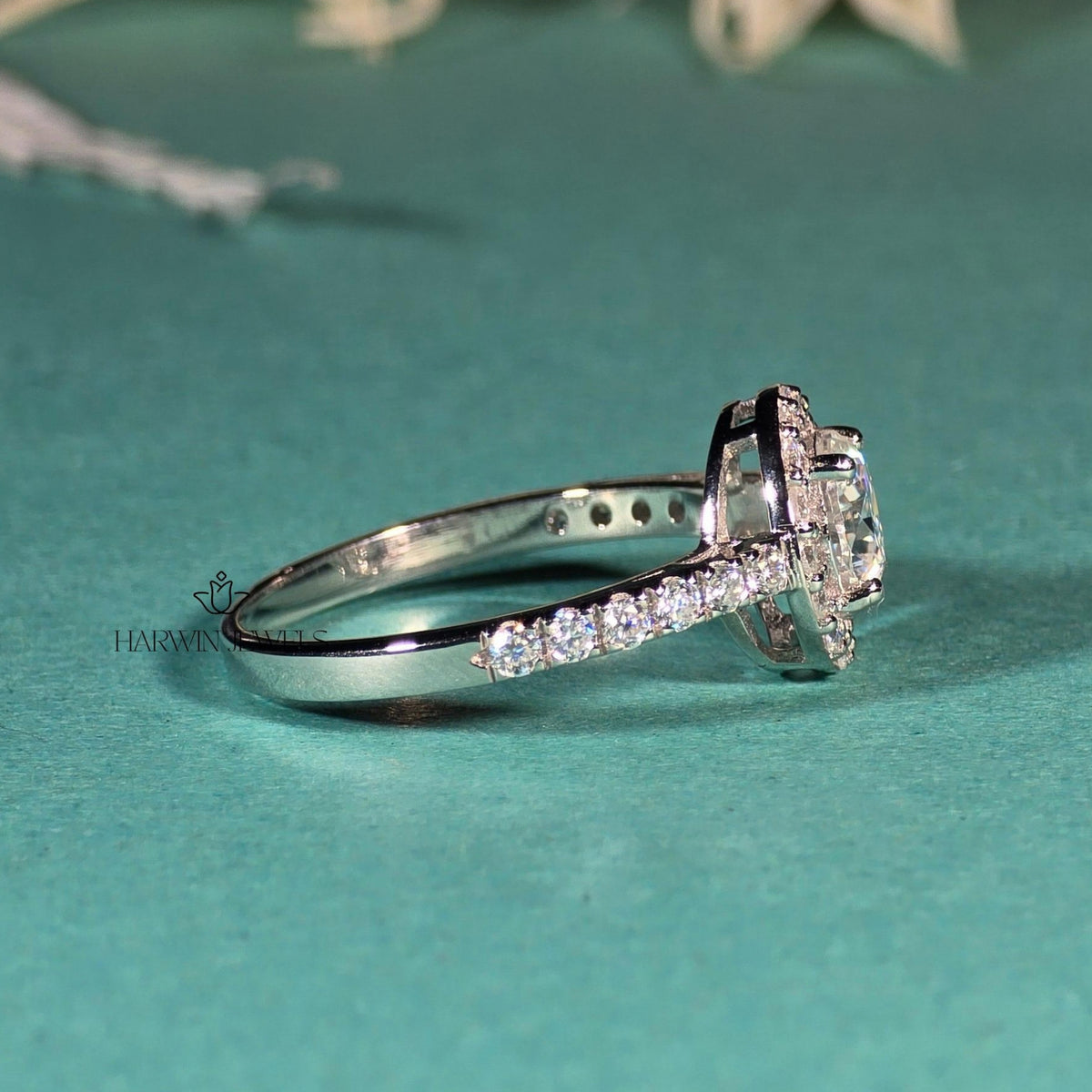 1 CT Round Moissanite Engagement Ring, Halo Setting And Pave Set Eternity Band