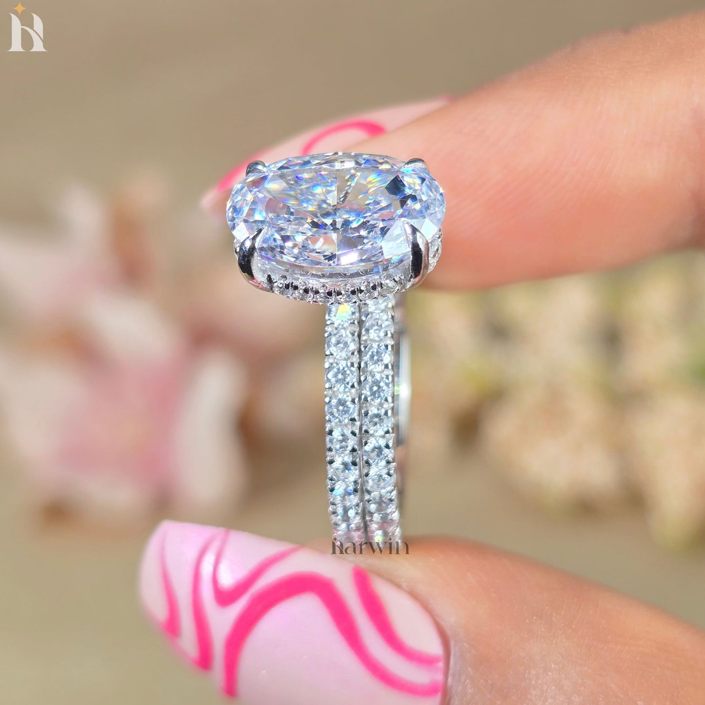 4 CT Oval Cut Moissanite Engagement Ring, half Eternity Wedding Bridal set