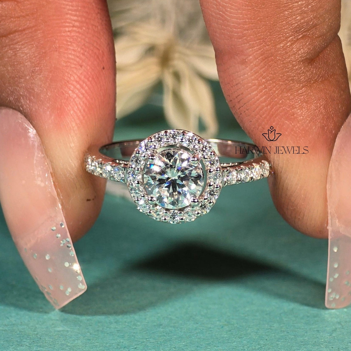 1 CT Round Moissanite Engagement Ring, Halo Setting And Pave Set Eternity Band