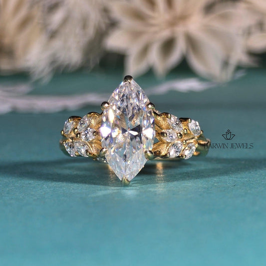 3 CT Marquise Cut Moissanite Engagement Ring Side Stone Solid Gold Ring