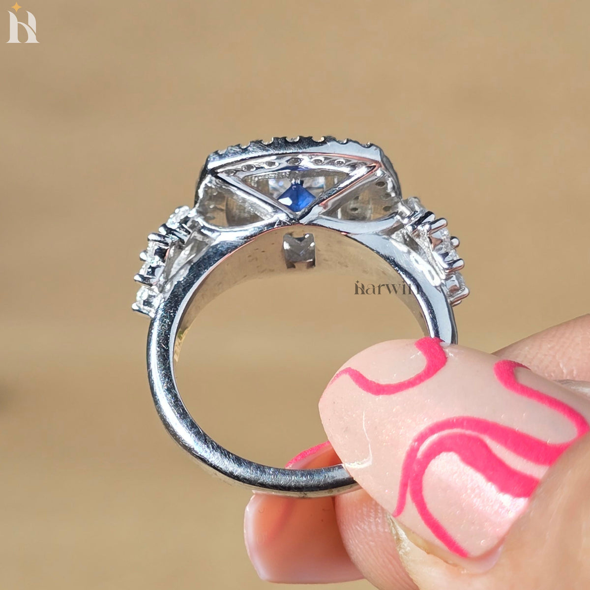Princess Cut Moissanite Cocktail Double halo Engagement Ring, Pear & Baguette Side Diamond Ring