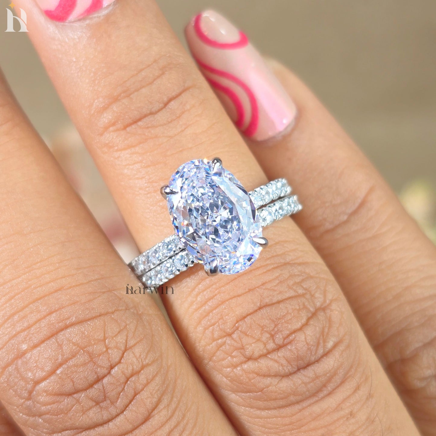 4 CT Oval Cut Moissanite Engagement Ring, half Eternity Wedding Bridal set