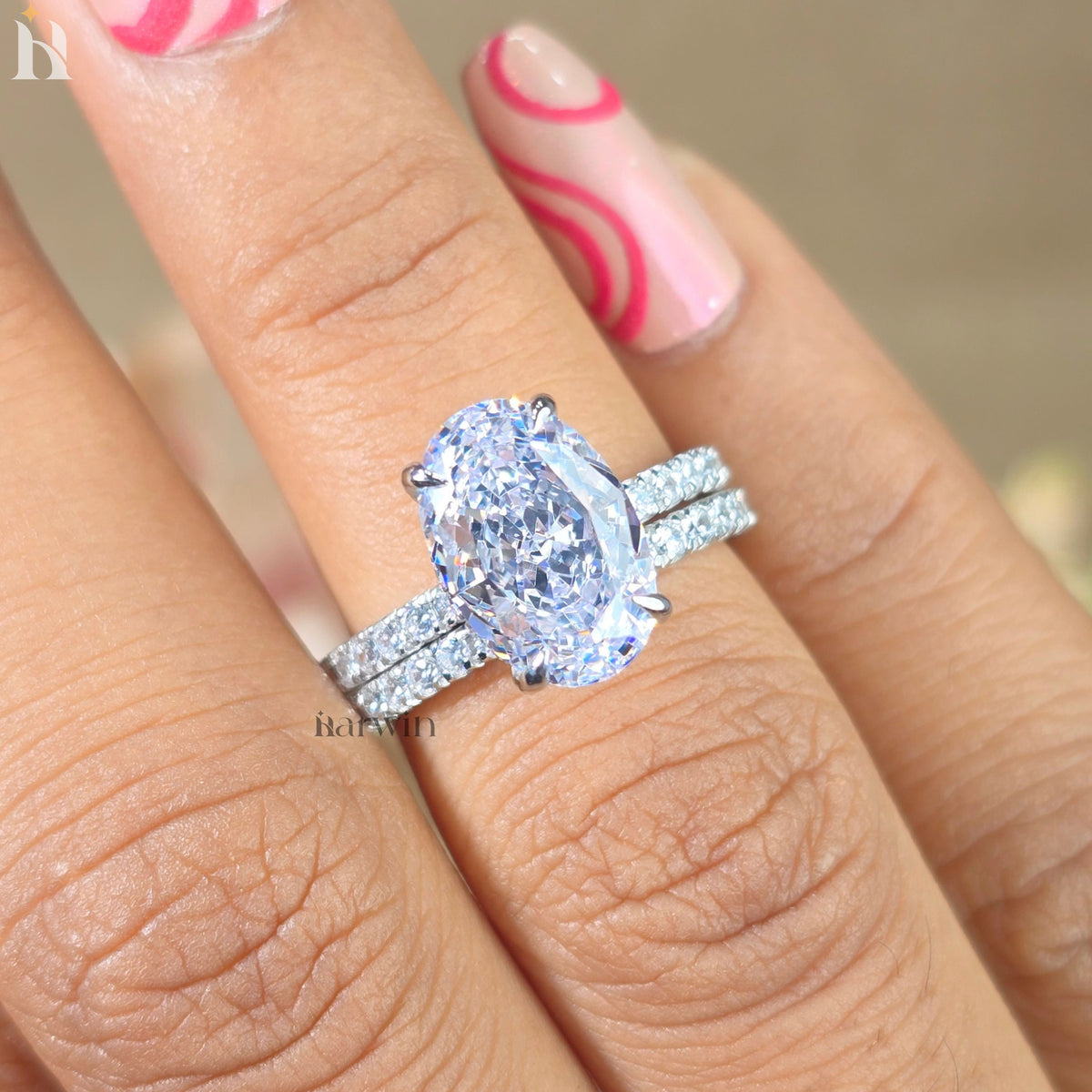 3.5 CT Oval Cut Moissanite Engagement Ring, Half Eternity Wedding Bridal Set