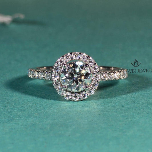 1 CT Round Moissanite Engagement Ring, Halo Setting And Pave Set Eternity Band