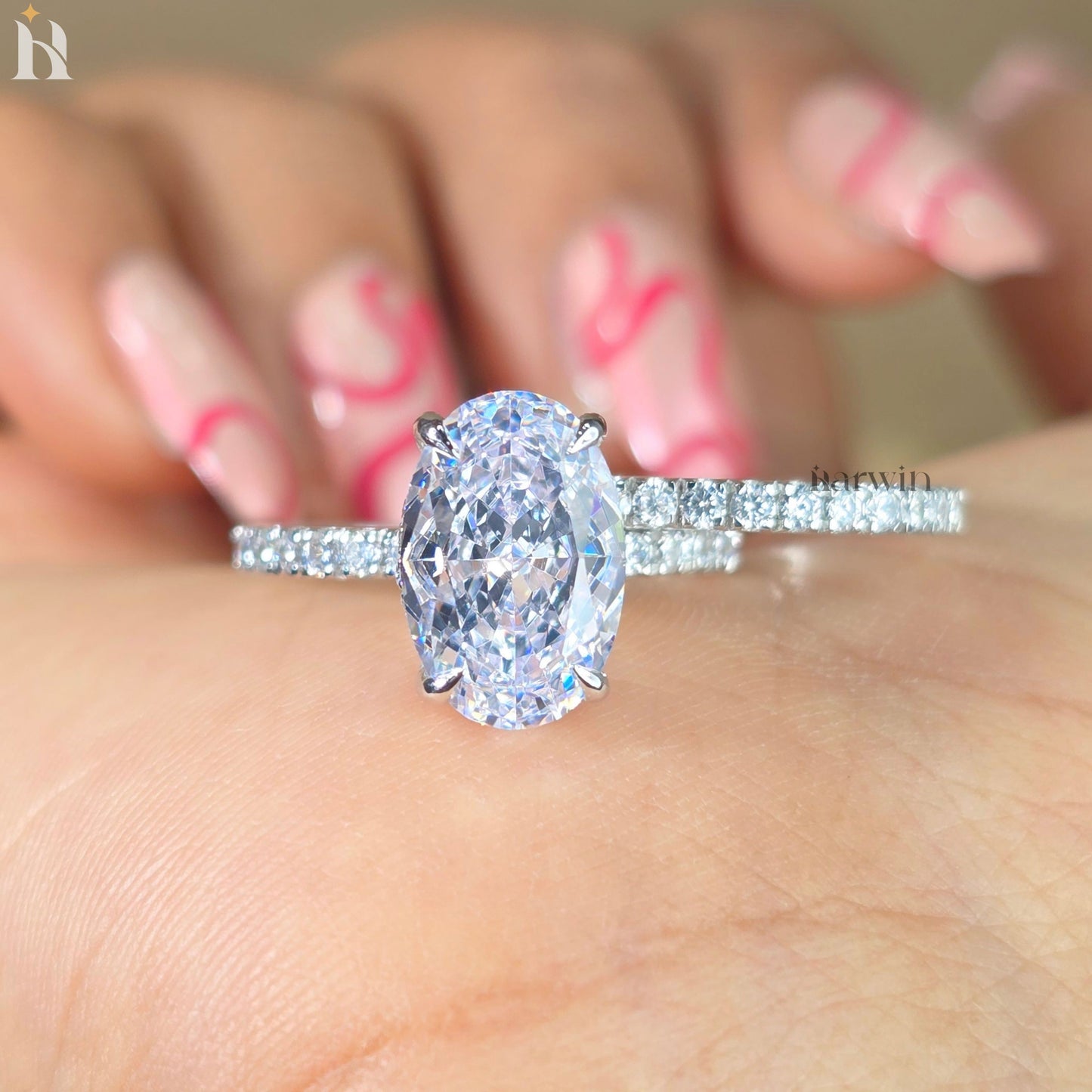 4 CT Oval Cut Moissanite Engagement Ring, half Eternity Wedding Bridal set