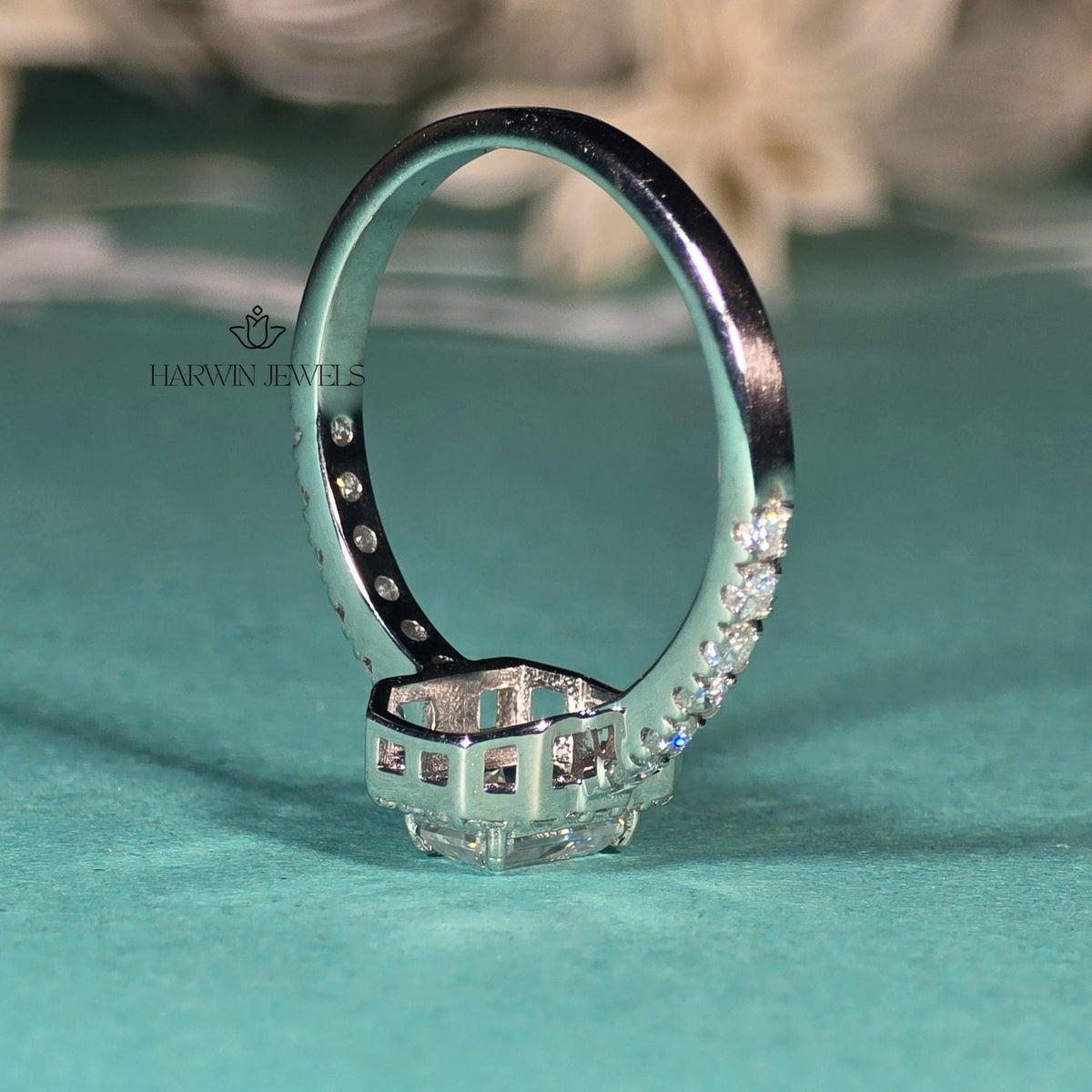 1 CT Emerald Cut Moissanite Engagement Ring, Halo Setting And Pave Set Eternity Band