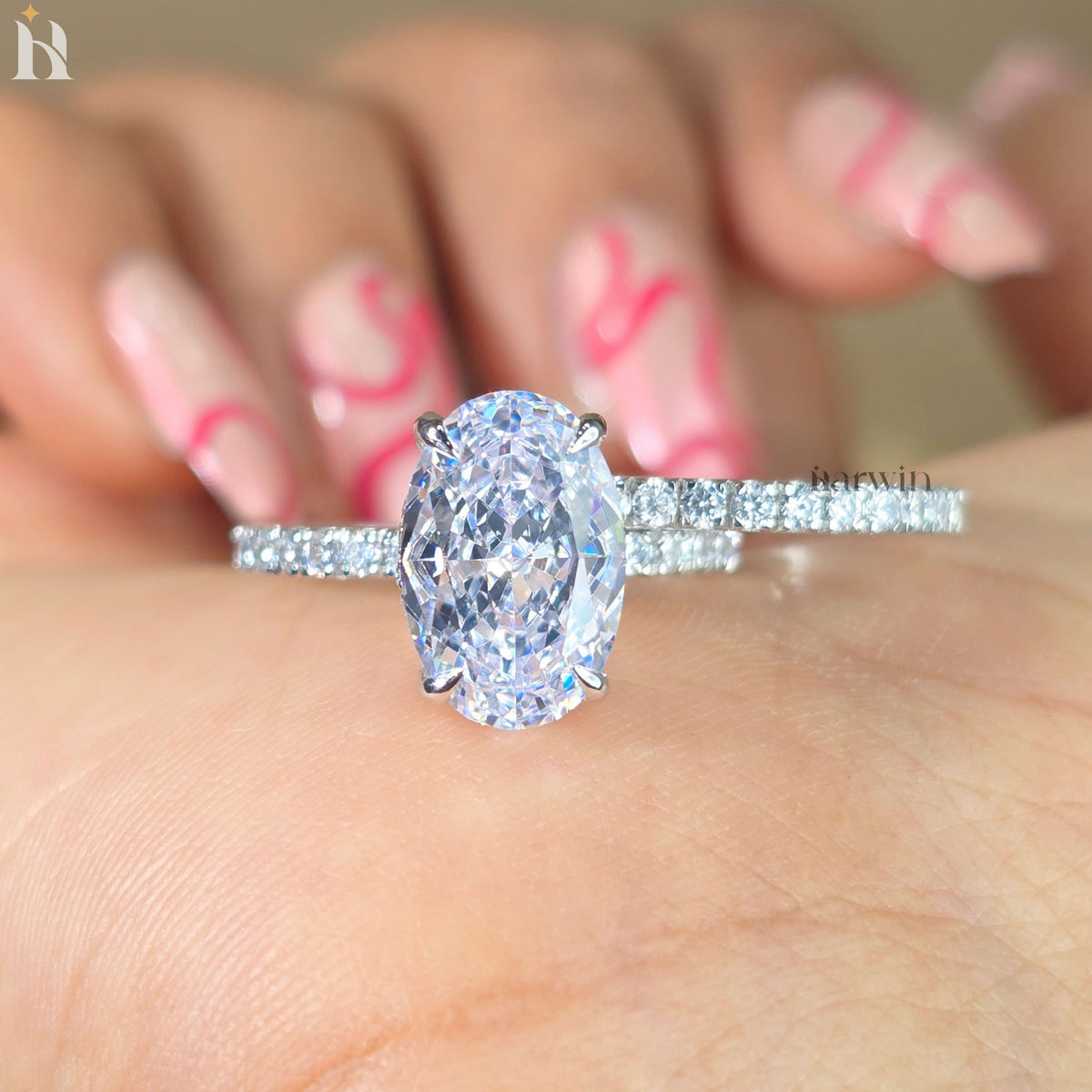 3.5 CT Oval Cut Moissanite Engagement Ring, Half Eternity Wedding Bridal Set