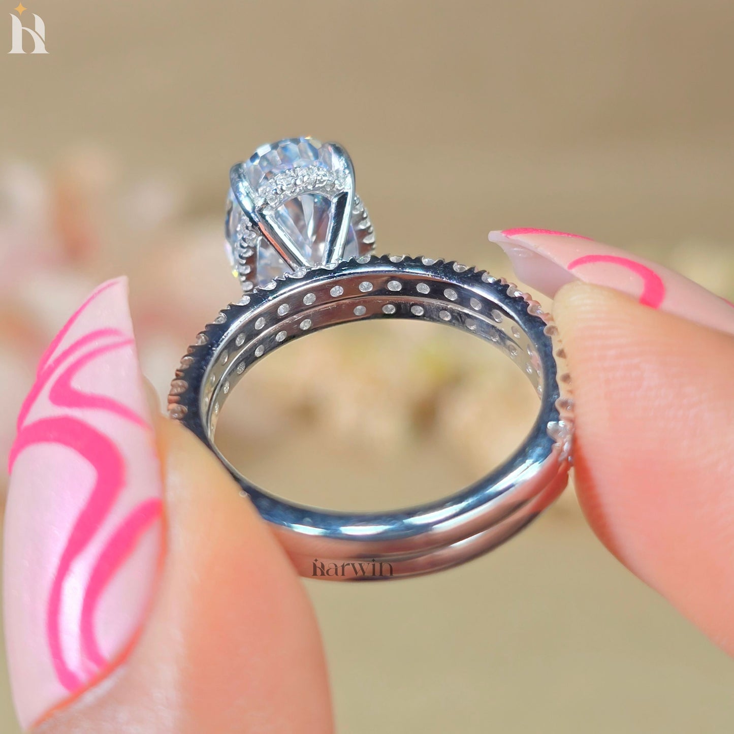 4 CT Oval Cut Moissanite Engagement Ring, half Eternity Wedding Bridal set