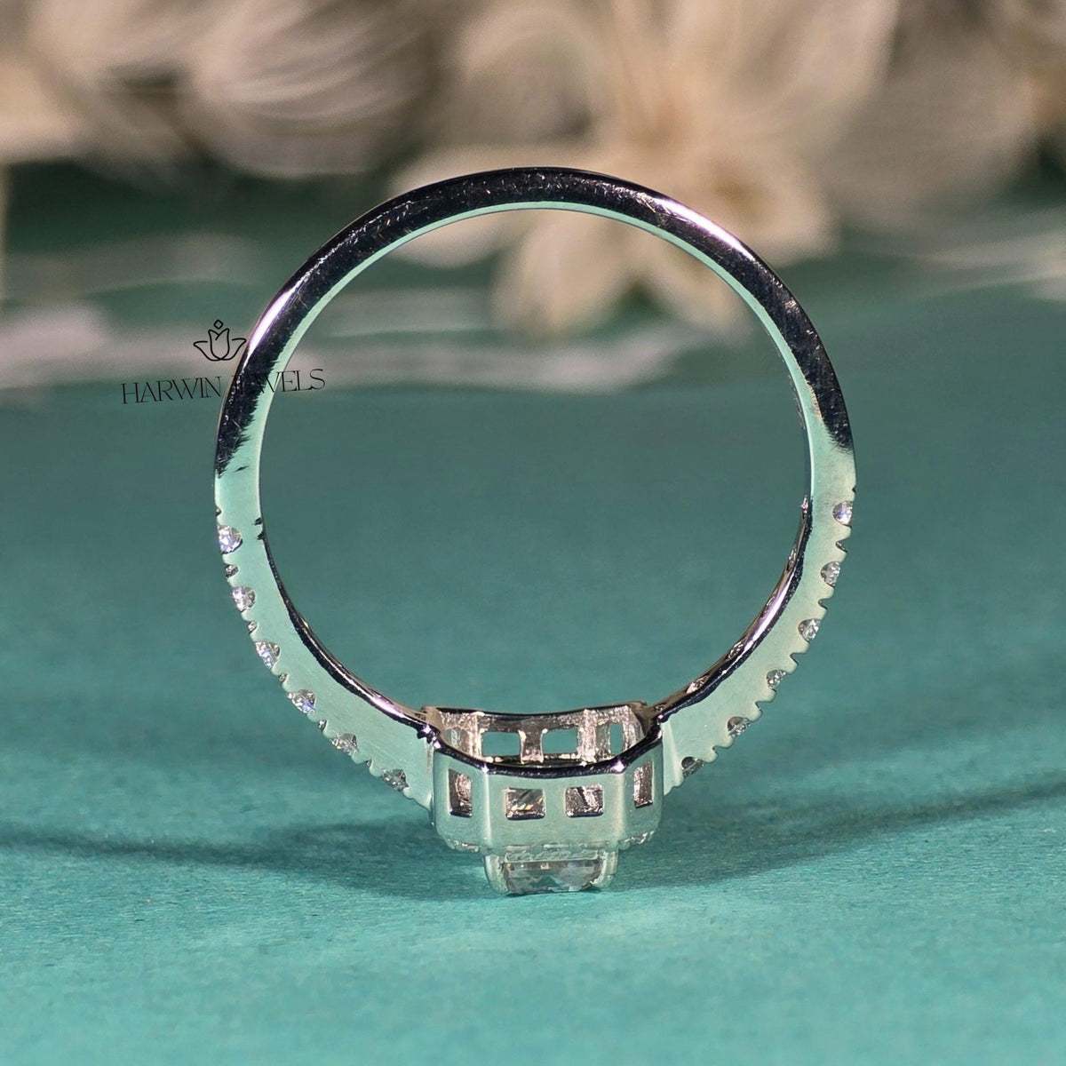 1 CT Emerald Cut Moissanite Engagement Ring, Halo Setting And Pave Set Eternity Band
