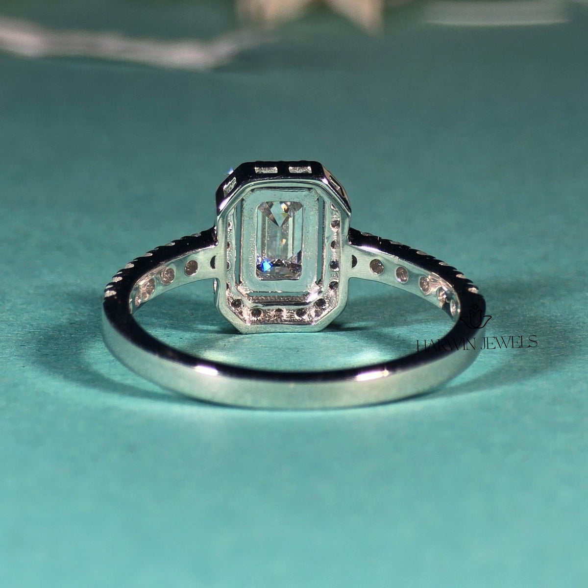 1 CT Emerald Cut Moissanite Engagement Ring, Halo Setting And Pave Set Eternity Band