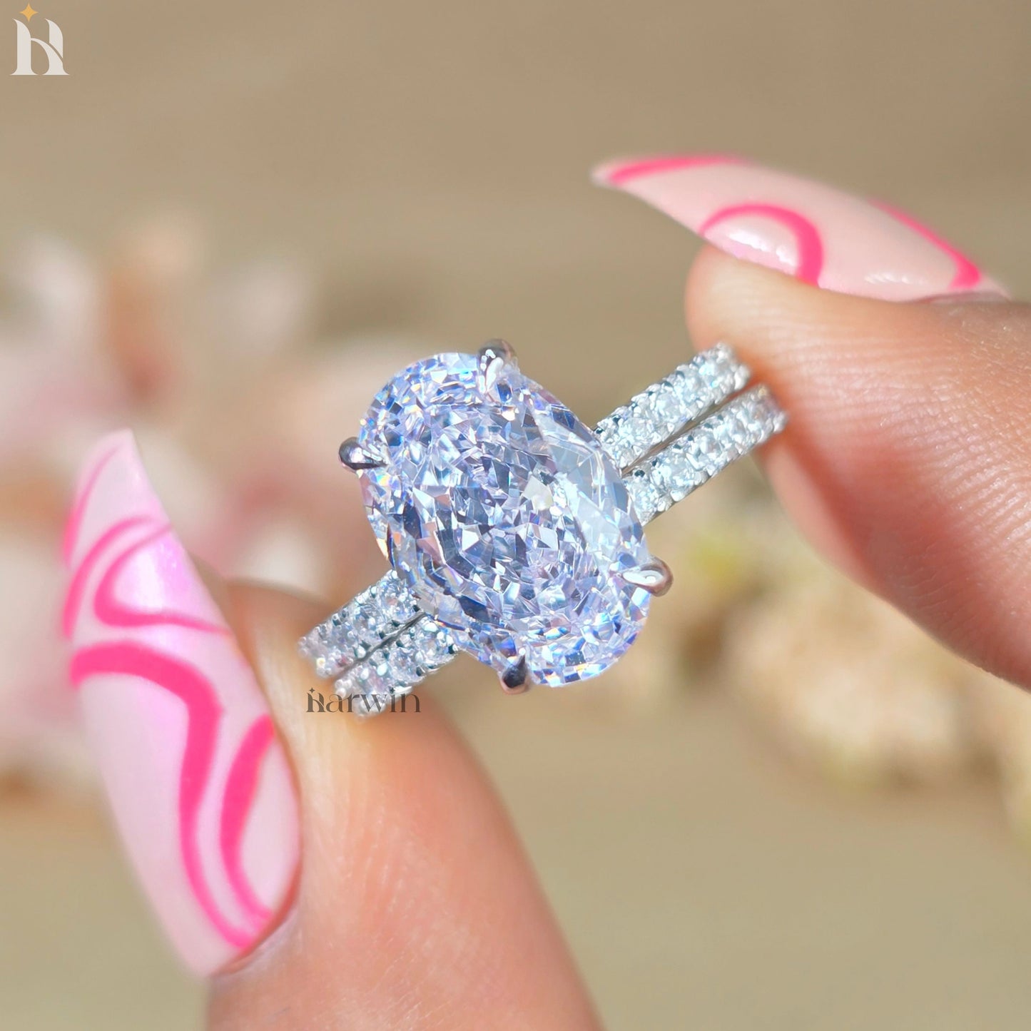 4 CT Oval Cut Moissanite Engagement Ring, half Eternity Wedding Bridal set