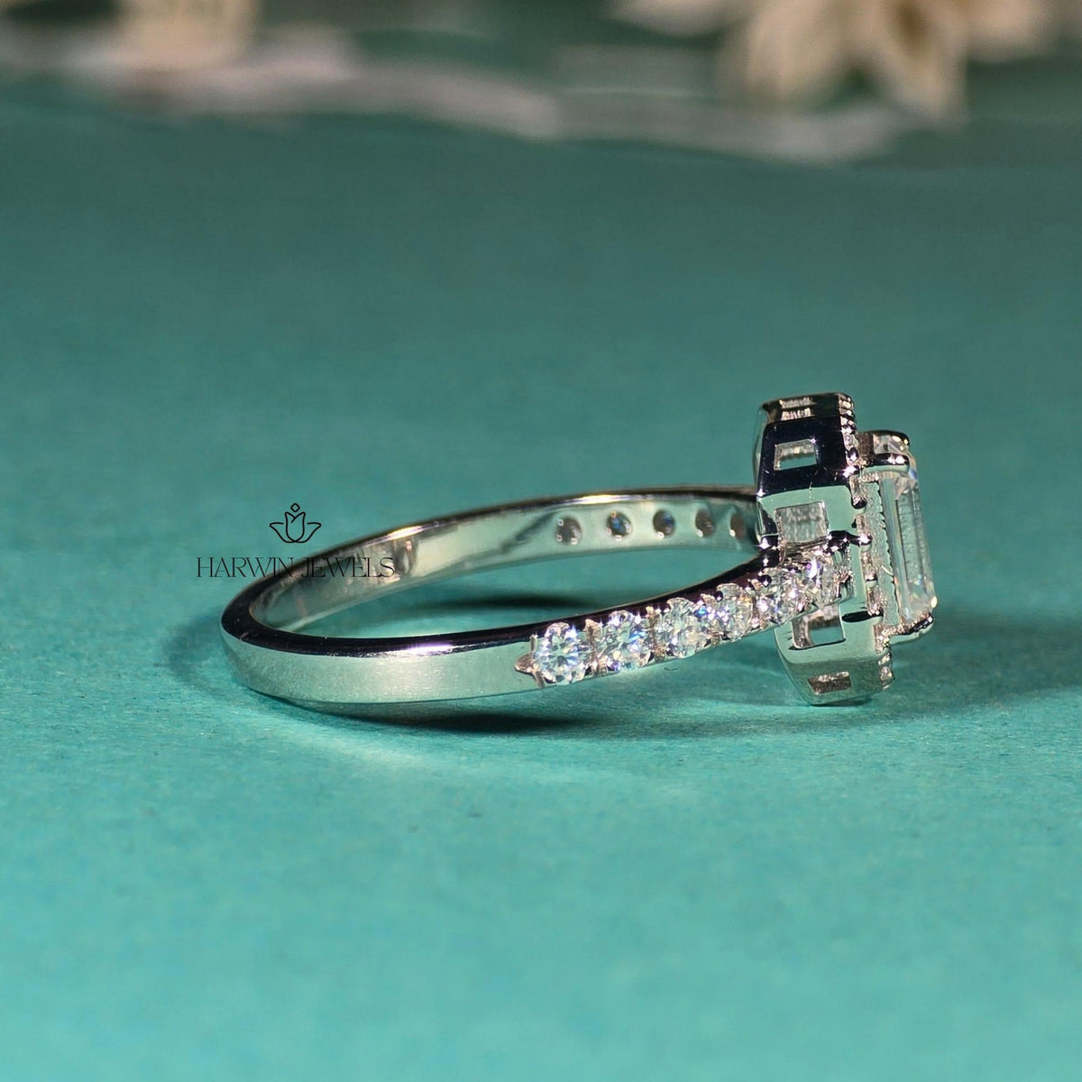 1 CT Emerald Cut Moissanite Engagement Ring, Halo Setting And Pave Set Eternity Band