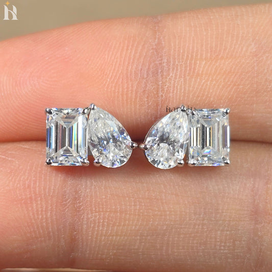 Emerald & Pear Cut Toi et Moi Stud Earrings, Push Back Minimalist Two Stone Earrings