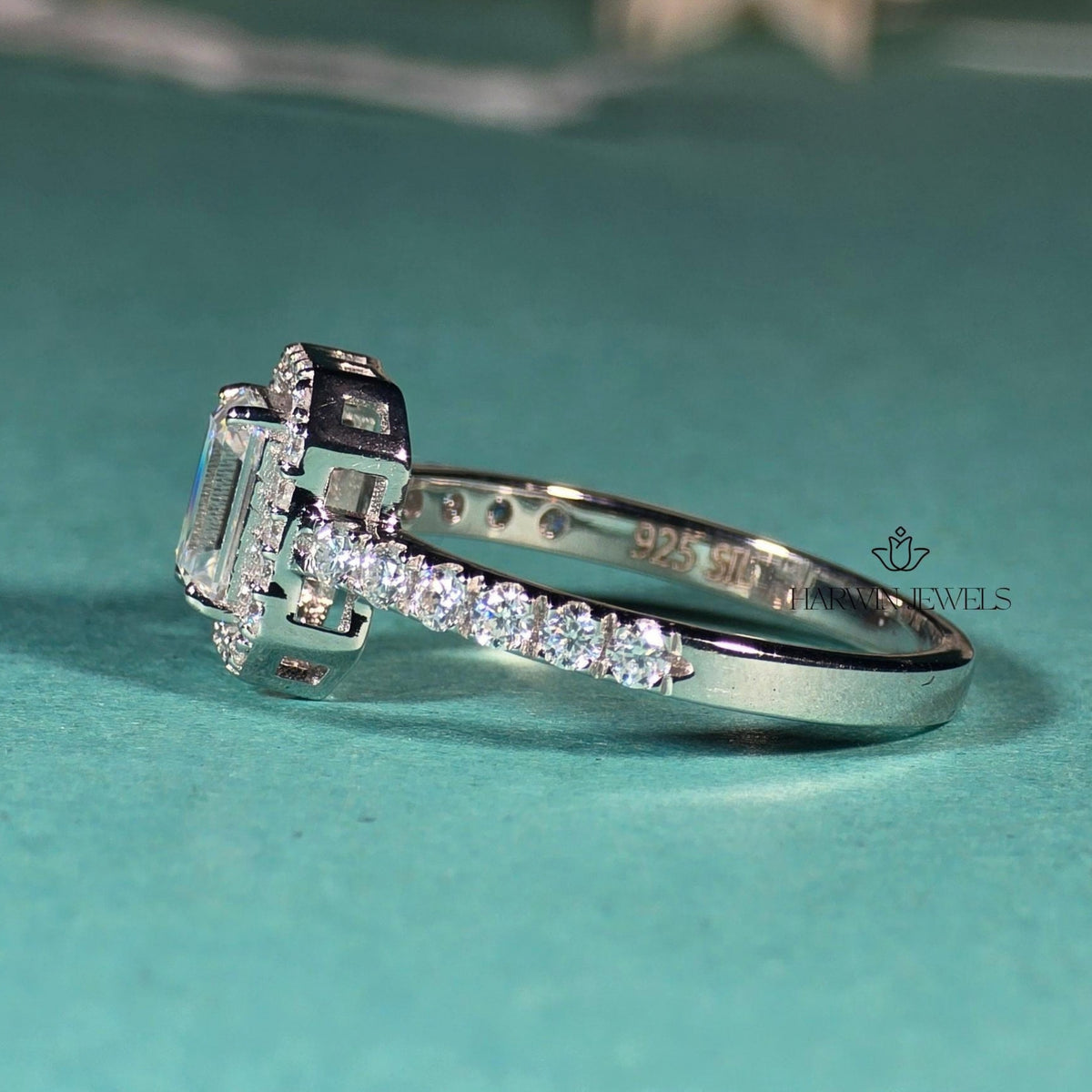 1 CT Emerald Cut Moissanite Engagement Ring, Halo Setting And Pave Set Eternity Band