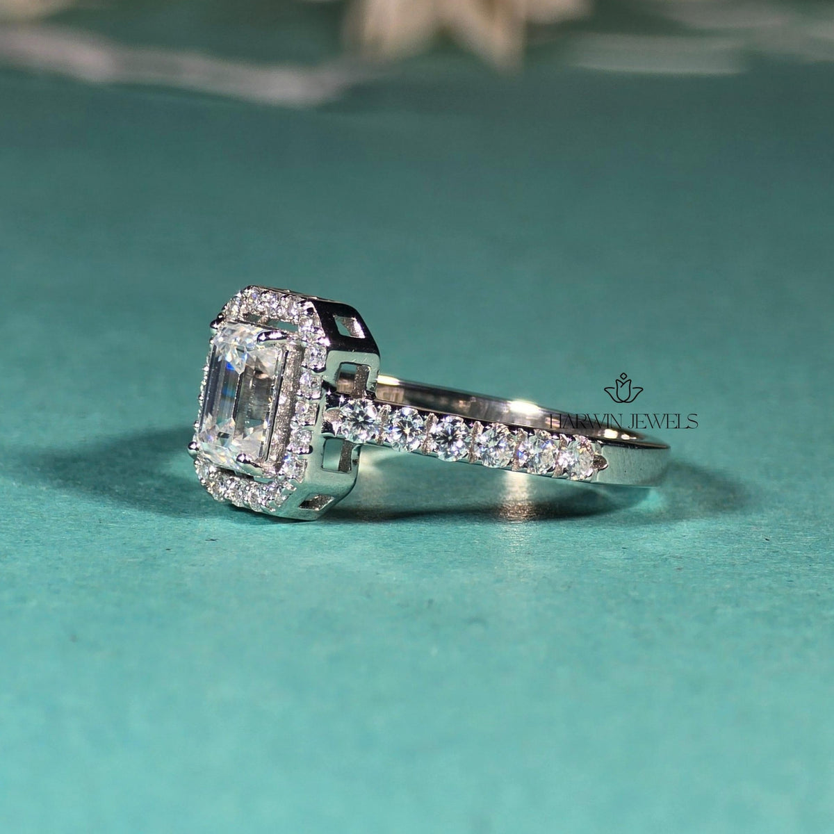 1 CT Emerald Cut Moissanite Engagement Ring, Halo Setting And Pave Set Eternity Band