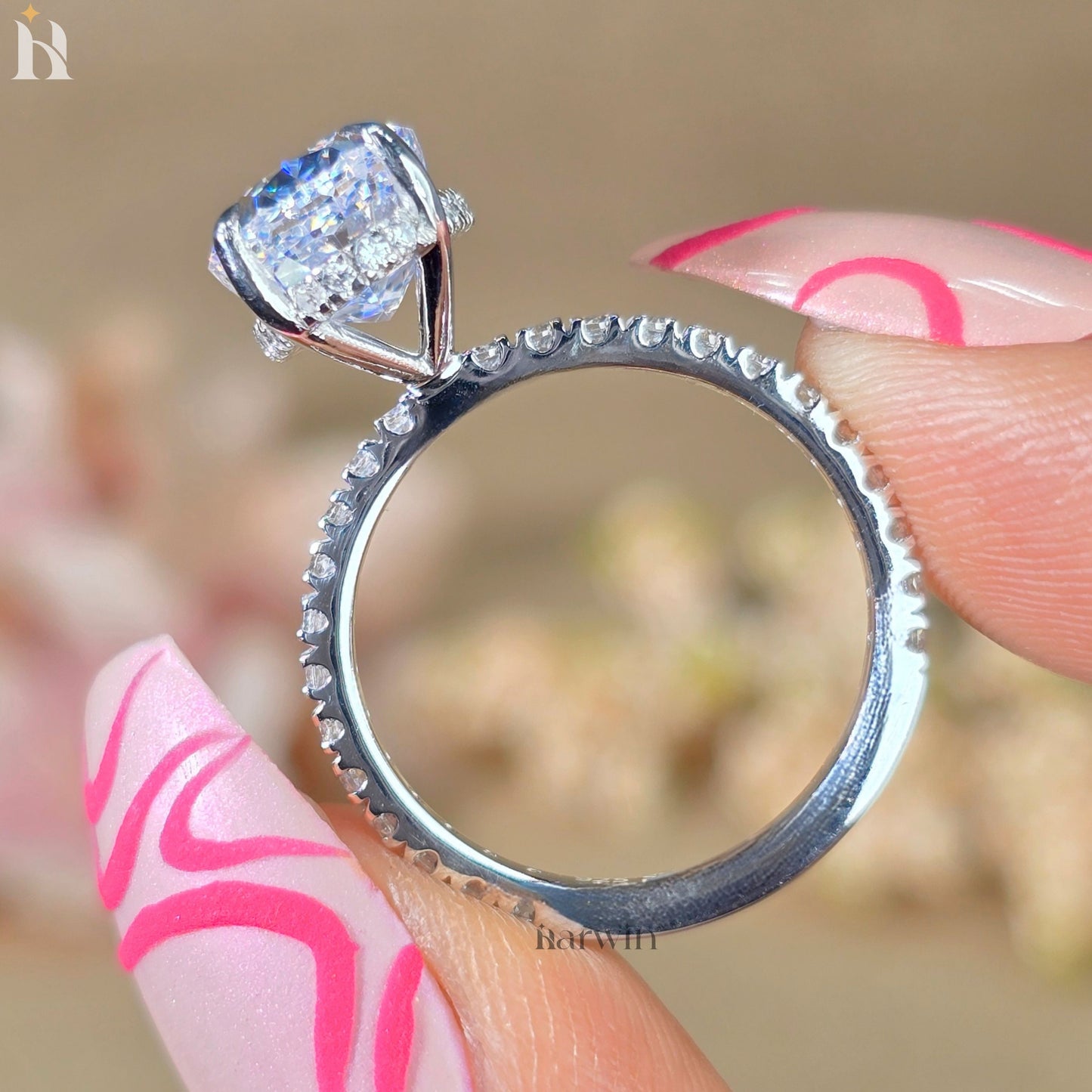 4 CT Oval Cut Moissanite Engagement Ring, Half Pave Setting Band, Hidden halo Ring