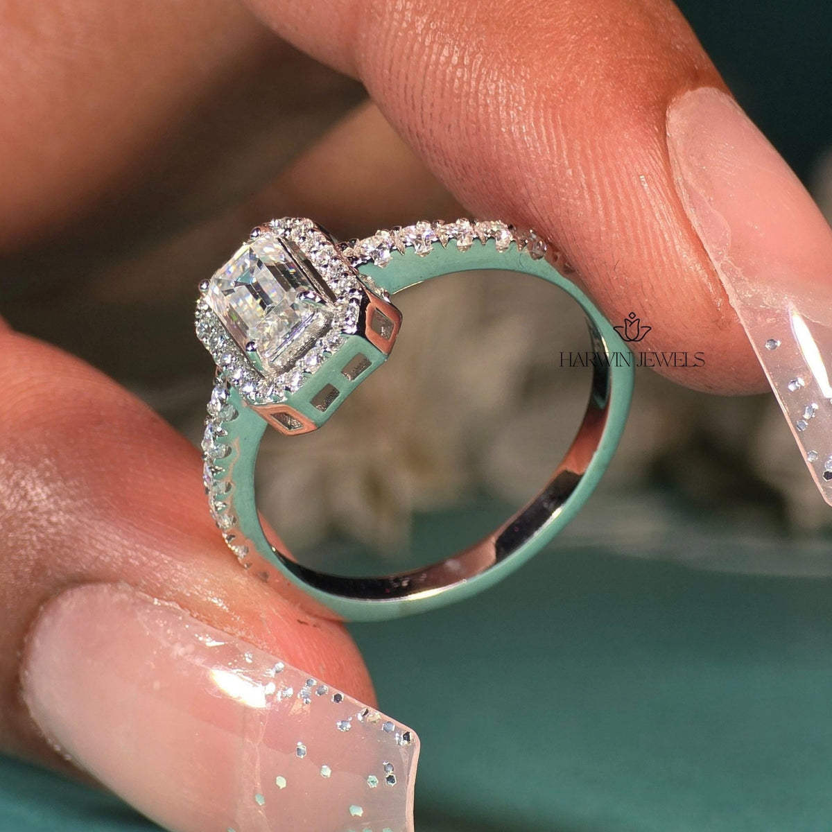 1 CT Emerald Cut Moissanite Engagement Ring, Halo Setting And Pave Set Eternity Band