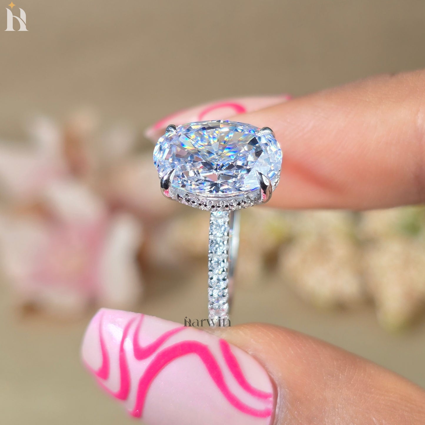 4 CT Oval Cut Moissanite Engagement Ring, Half Pave Setting Band, Hidden halo Ring
