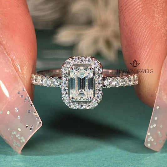 1 CT Emerald Cut Moissanite Engagement Ring, Halo Setting And Pave Set Eternity Band