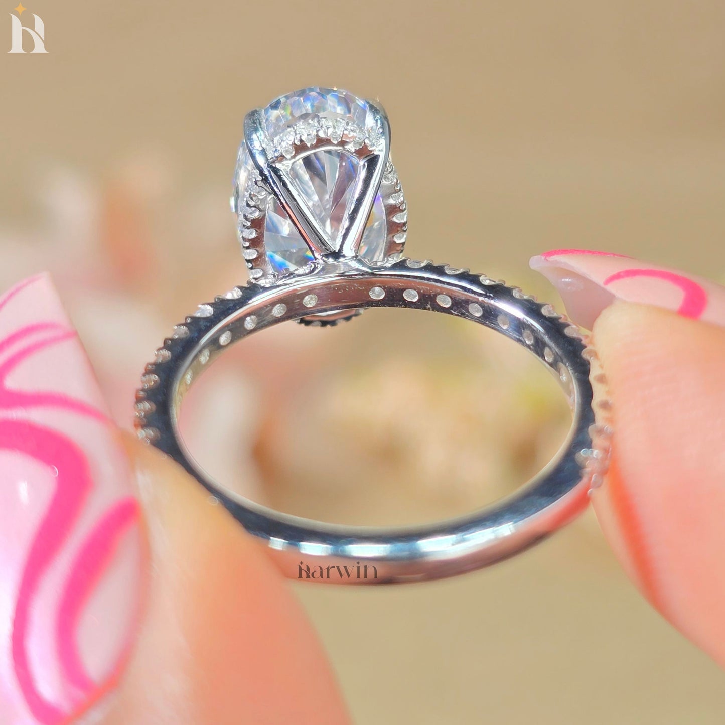 4 CT Oval Cut Moissanite Engagement Ring, Half Pave Setting Band, Hidden halo Ring