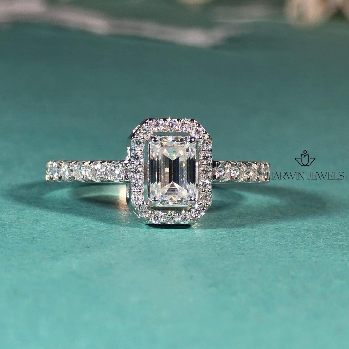 1 CT Emerald Cut Moissanite Engagement Ring, Halo Setting And Pave Set Eternity Band