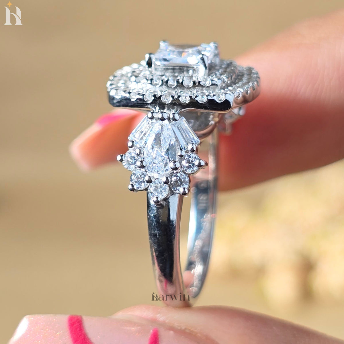 Princess Cut Moissanite Cocktail Double halo Engagement Ring, Pear & Baguette Side Diamond Ring