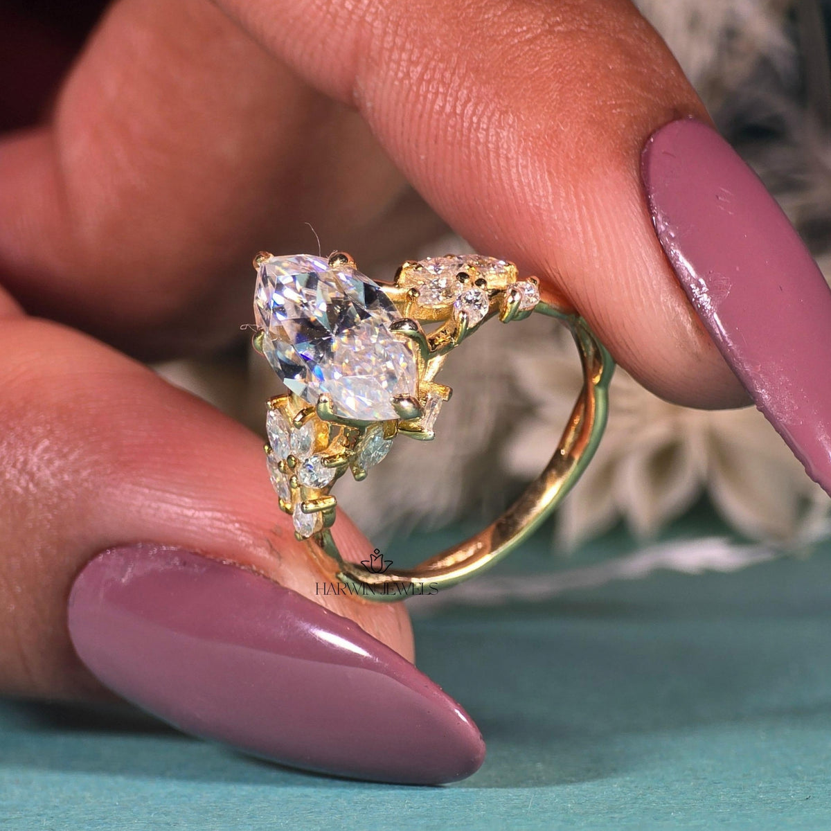 3 CT Marquise Cut Moissanite Engagement Ring Side Stone Solid Gold Ring