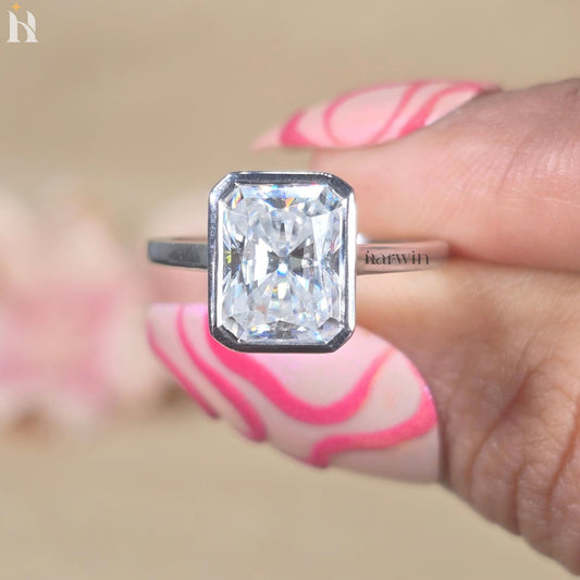 2 CT Radiant Cut Moissanite Engagement Ring, Bezel Set Ring, Minimal Silver Jewelry