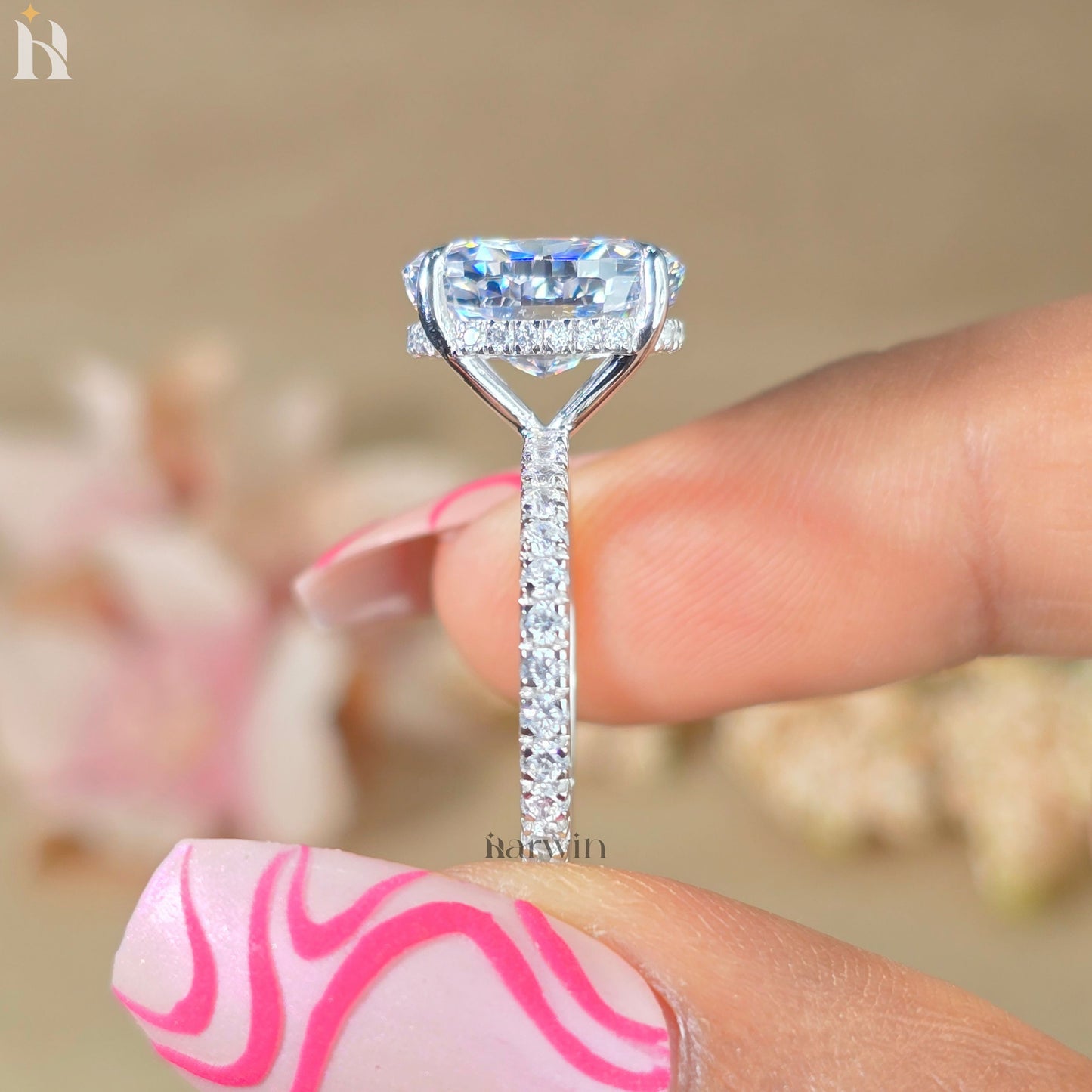 4 CT Oval Cut Moissanite Engagement Ring, Half Pave Setting Band, Hidden halo Ring