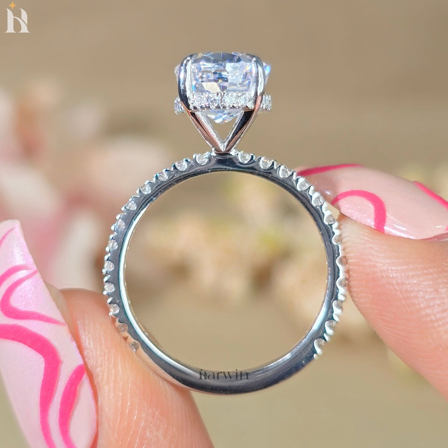 4 CT Oval Cut Moissanite Engagement Ring, Half Pave Setting Band, Hidden halo Ring