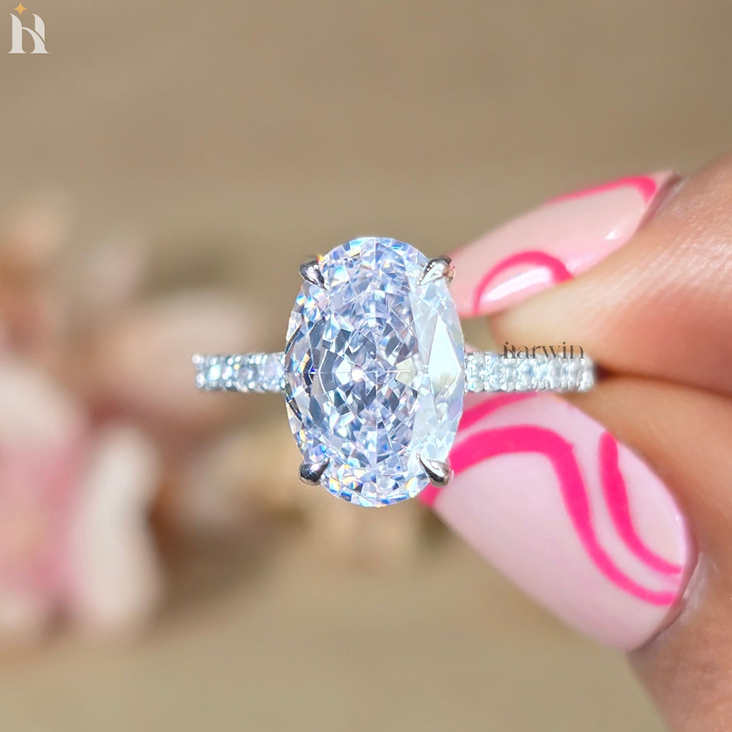 4 CT Oval Cut Moissanite Engagement Ring, Half Pave Setting Band, Hidden halo Ring