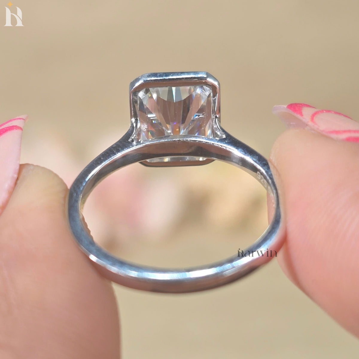 2 CT Radiant Cut Moissanite Engagement Ring, Bezel Set Ring, Minimal Silver Jewelry