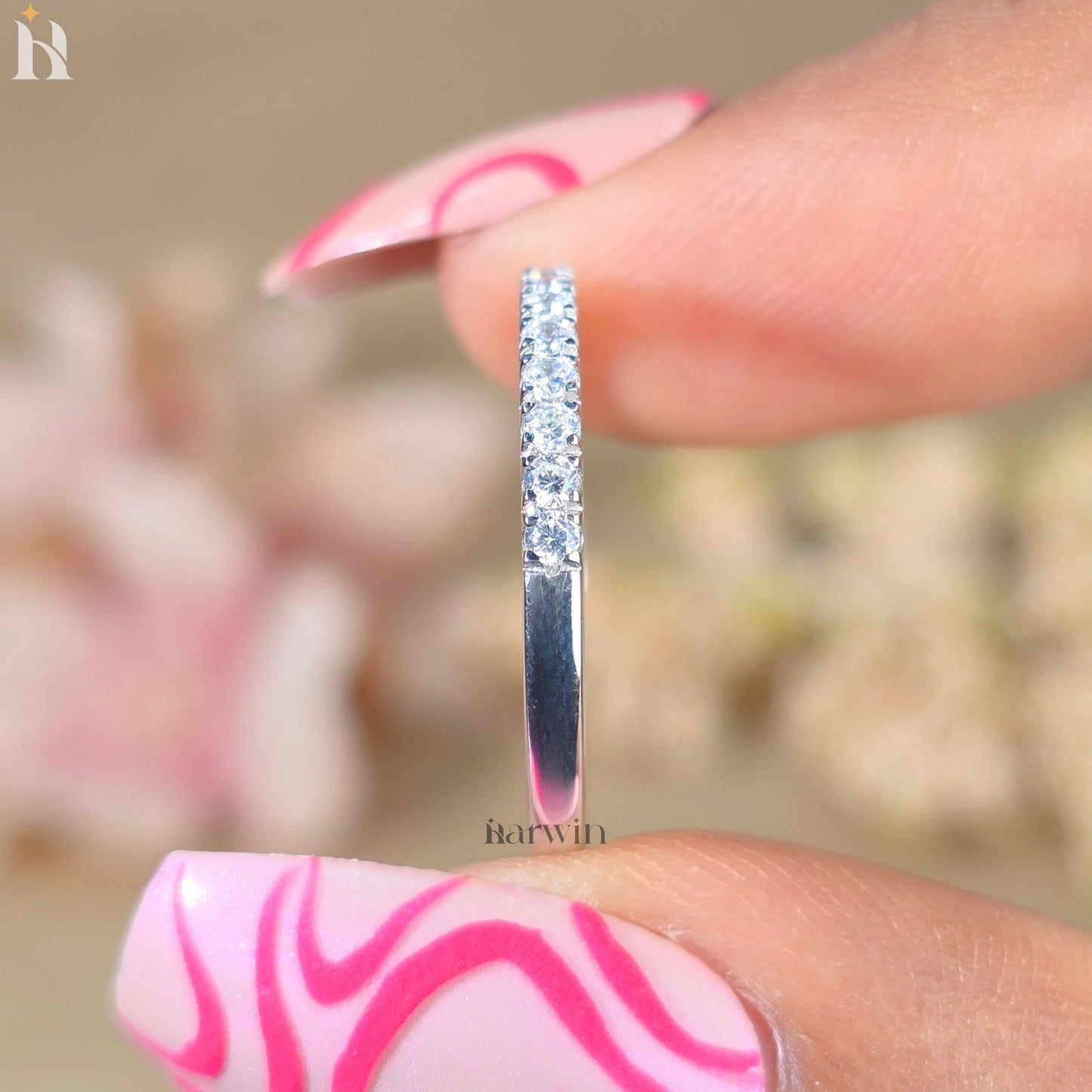 Round Diamond Moissanite Simple Pave Half Eternity Diamond Ring, Matching Band