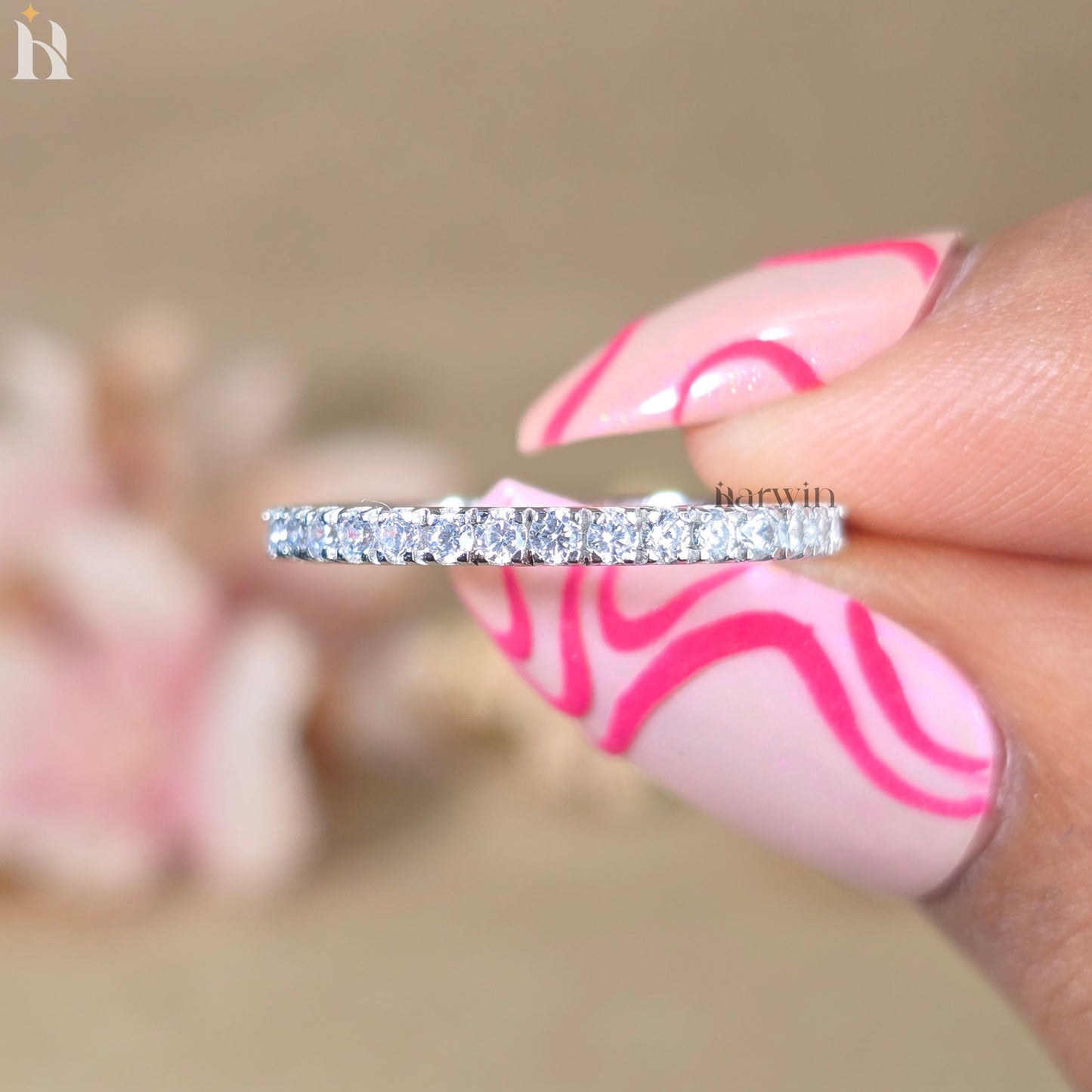 Round Diamond Moissanite Simple Pave Half Eternity Diamond Ring, Matching Band