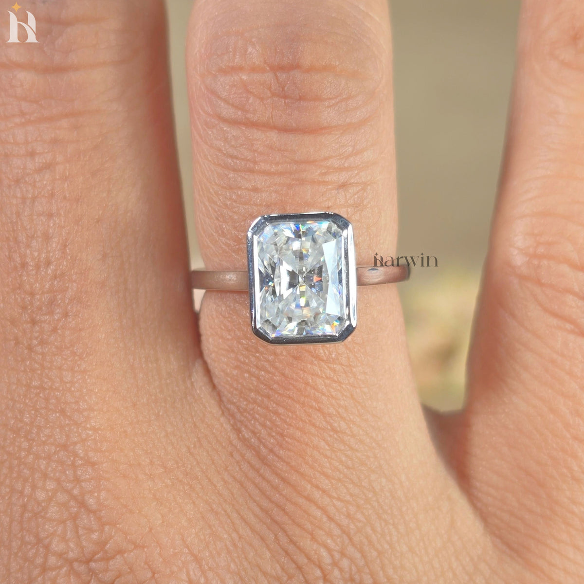 2 CT Radiant Cut Moissanite Engagement Ring, Bezel Set Ring, Minimal Silver Jewelry