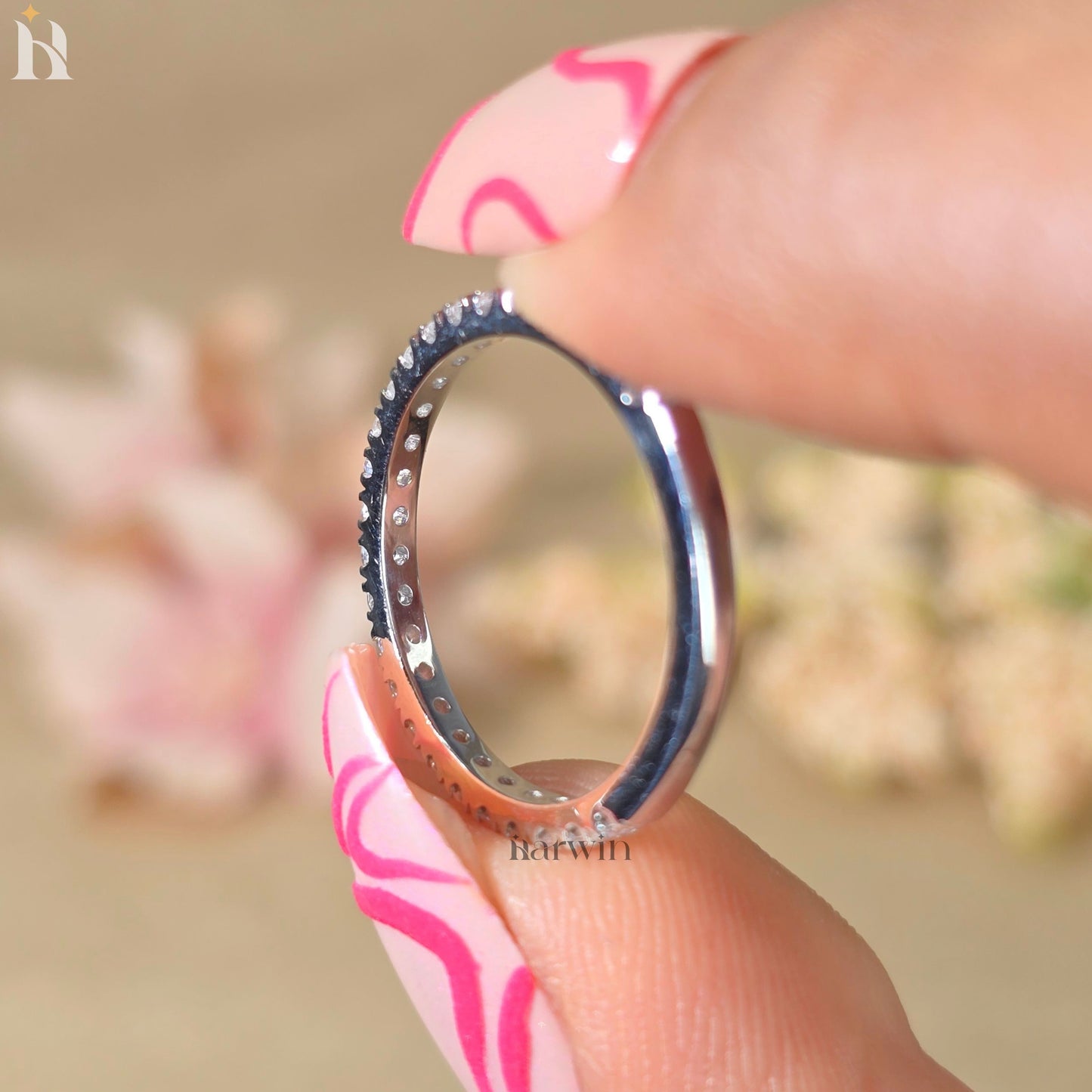 Round Diamond Moissanite Simple Pave Half Eternity Diamond Ring, Matching Band