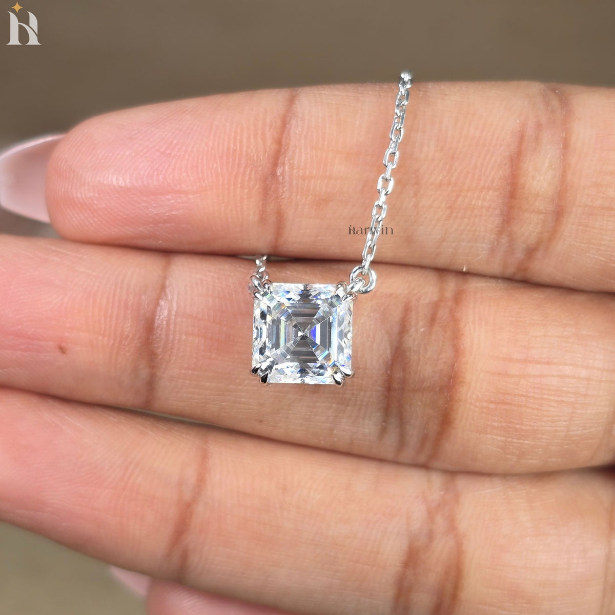 3CT Asscher Cut Solitaire Necklace in 14K Solid Gold Double Prong Setting Gift For
