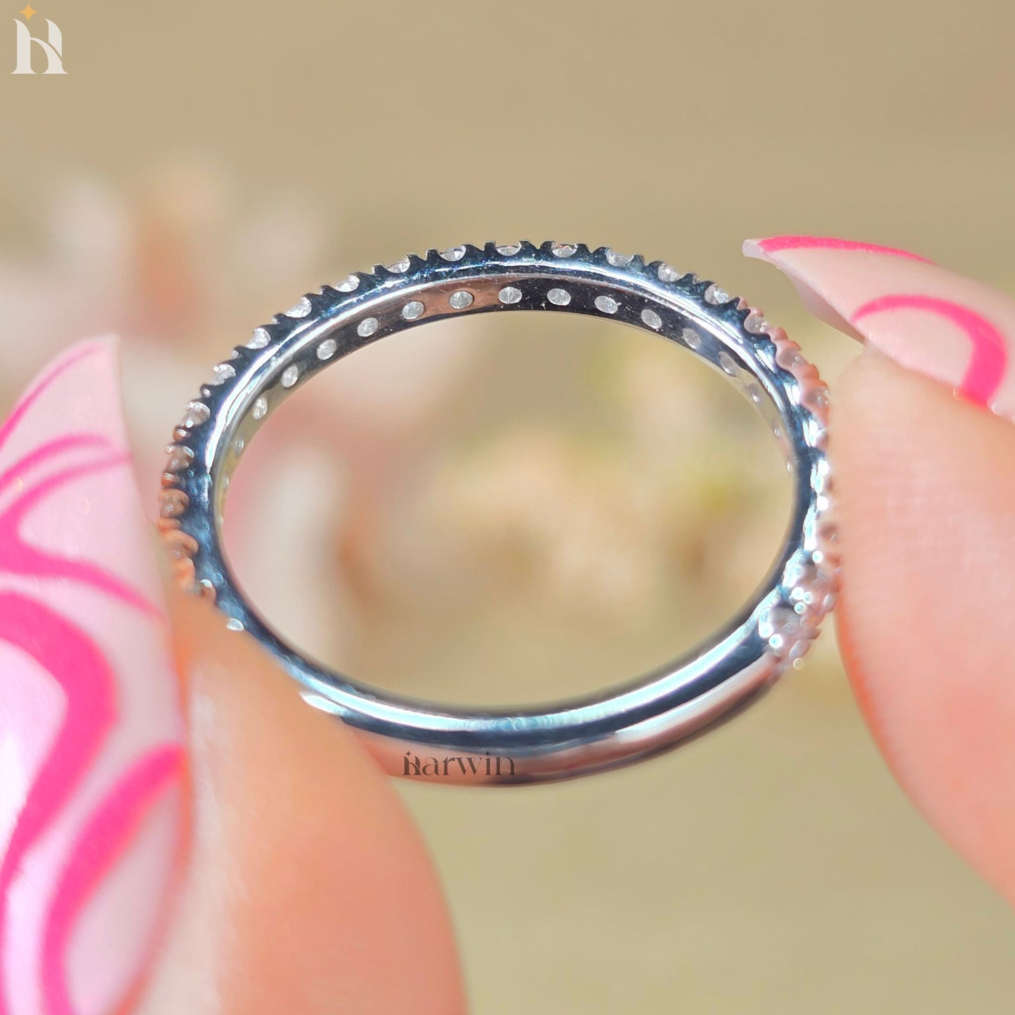 Round Diamond Moissanite Simple Pave Half Eternity Diamond Ring, Matching Band