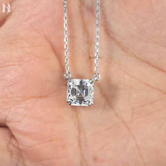 3CT Asscher Cut Solitaire Necklace in 14K Solid Gold Double Prong Setting Gift For