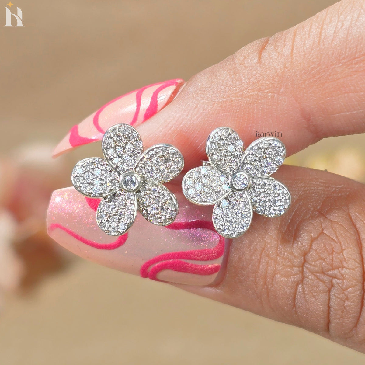Round Cut Pave Diamond Flower Stud Earrings, Bridal Floral Jewelry Gift for Her