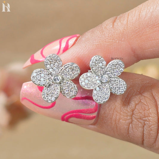 Round Cut Pave Diamond Flower Stud Earrings, Bridal Floral Jewelry Gift for Her