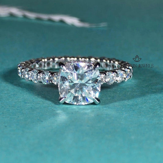 3CT Cushion Moissanite Engagement Ring, Full Eternity Pave Set Wedding Ring, Anniversary Gifts
