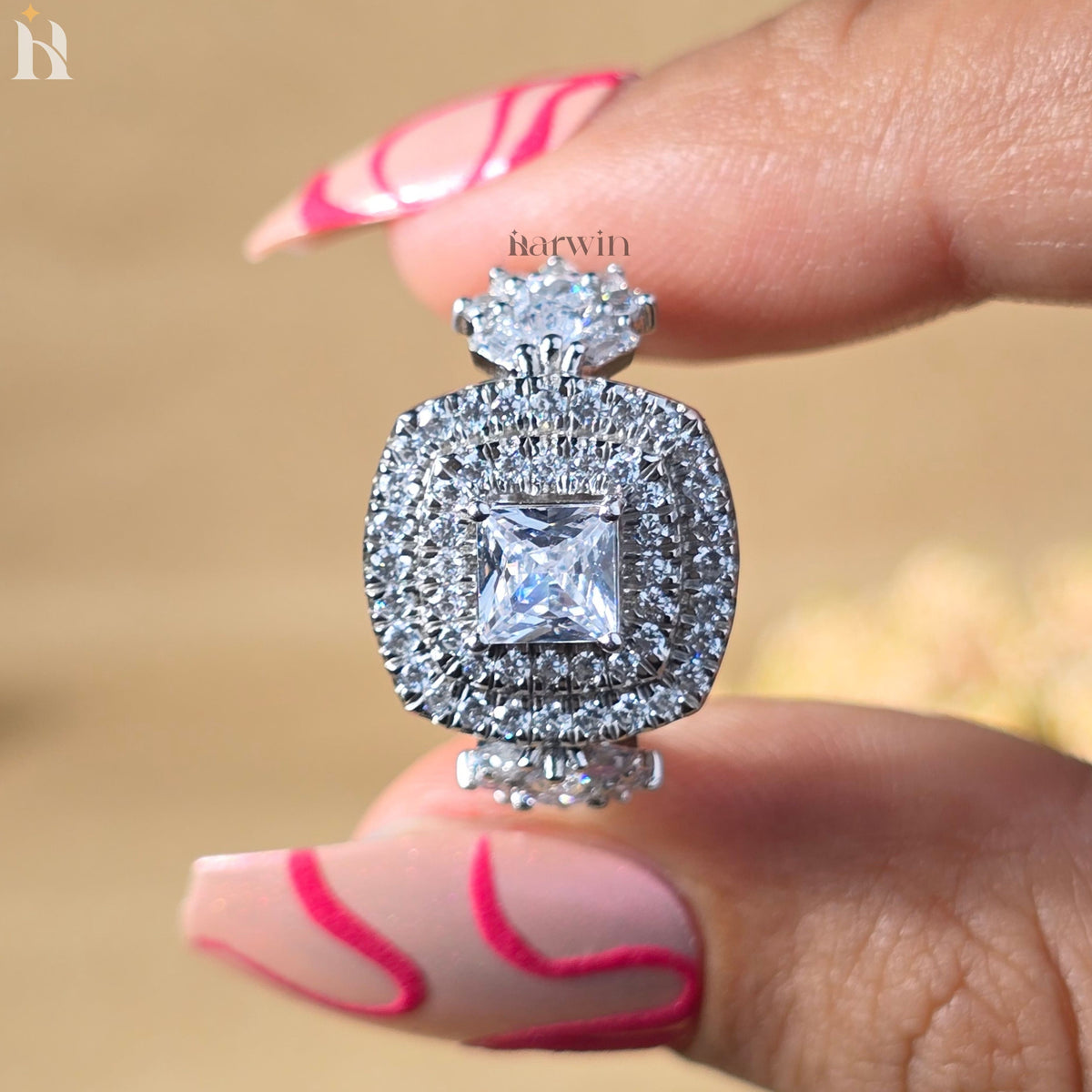 Princess Cut Moissanite Cocktail Double halo Engagement Ring, Pear & Baguette Side Diamond Ring