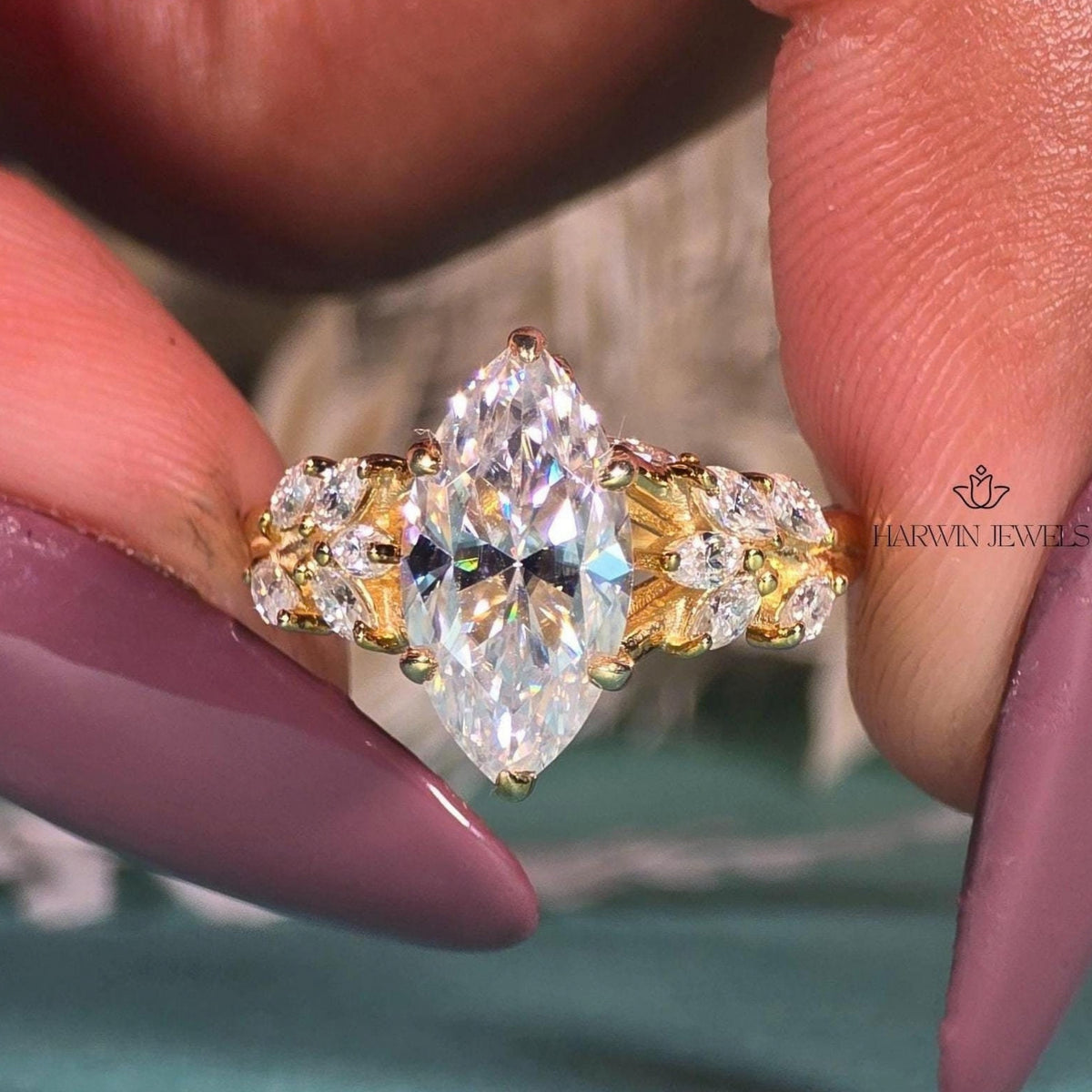 3 CT Marquise Cut Moissanite Engagement Ring Side Stone Solid Gold Ring